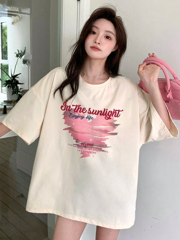 DAZY Women Summer Love Print Slogan Round Neck Drop Shoulder Sleeve Casual T-Shirt