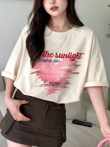 DAZY Women Summer Love Print Slogan Round Neck Drop Shoulder Sleeve Casual T-Shirt