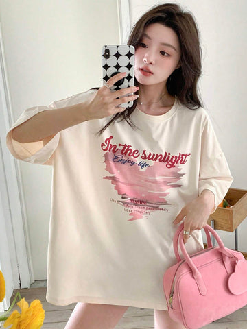 DAZY Women Summer Love Print Slogan Round Neck Drop Shoulder Sleeve Casual T-Shirt
