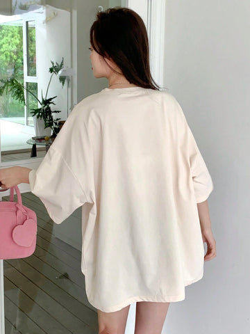 DAZY Women Summer Love Print Slogan Round Neck Drop Shoulder Sleeve Casual T-Shirt