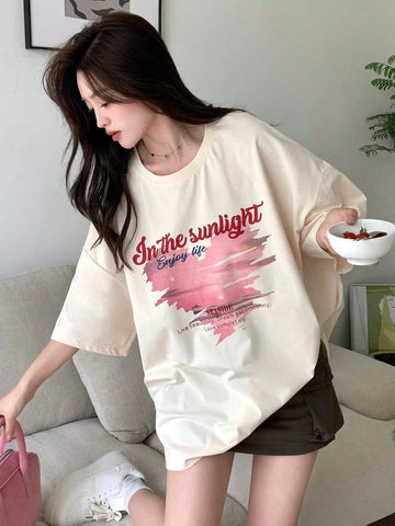 DAZY Women Summer Love Print Slogan Round Neck Drop Shoulder Sleeve Casual T-Shirt