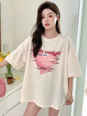 DAZY Women Summer Love Print Slogan Round Neck Drop Shoulder Sleeve Casual T-Shirt