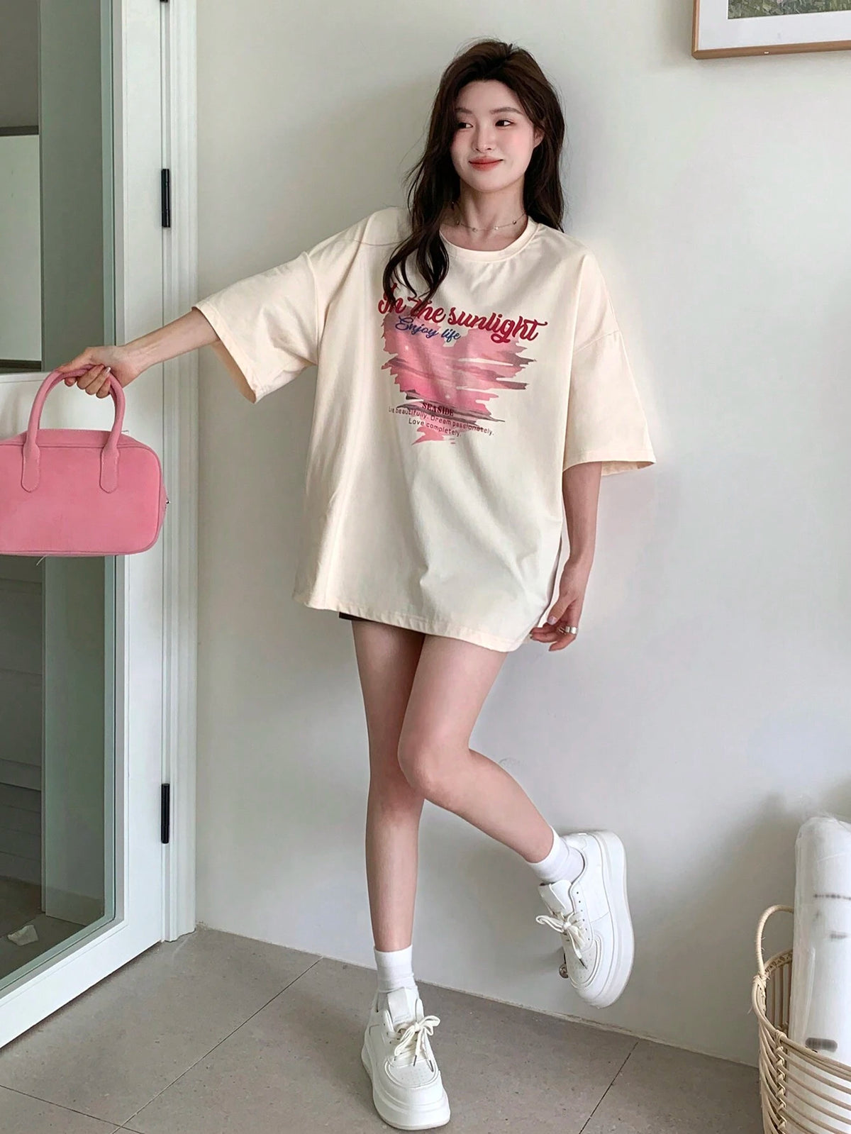 DAZY Women Summer Love Print Slogan Round Neck Drop Shoulder Sleeve Casual T-Shirt