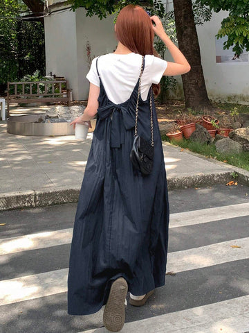 DAZY Women Summer Solid Color Backless Tied Casual Strap Dress
