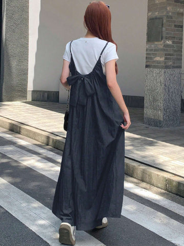 DAZY Women Summer Solid Color Backless Tied Casual Strap Dress