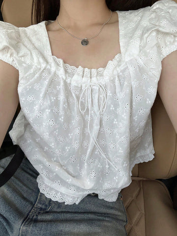 DAZY Women Textured Fabric Square Collar Puff Sleeve Loose Short White Casual Shirt