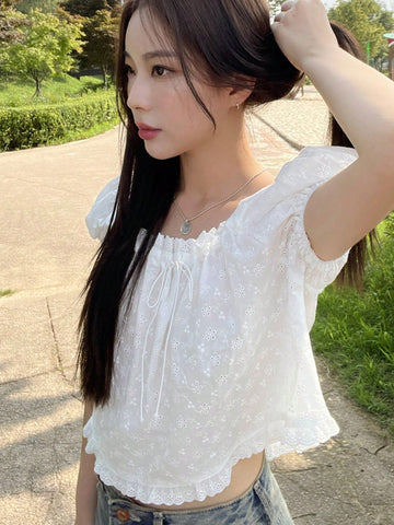 DAZY Women Textured Fabric Square Collar Puff Sleeve Loose Short White Casual Shirt