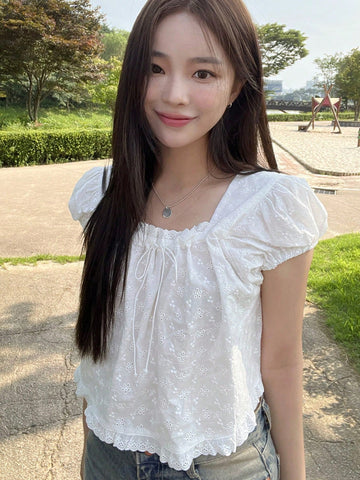 DAZY Women Textured Fabric Square Collar Puff Sleeve Loose Short White Casual Shirt