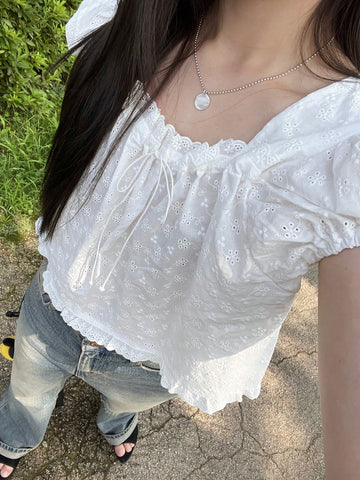 DAZY Women Textured Fabric Square Collar Puff Sleeve Loose Short White Casual Shirt