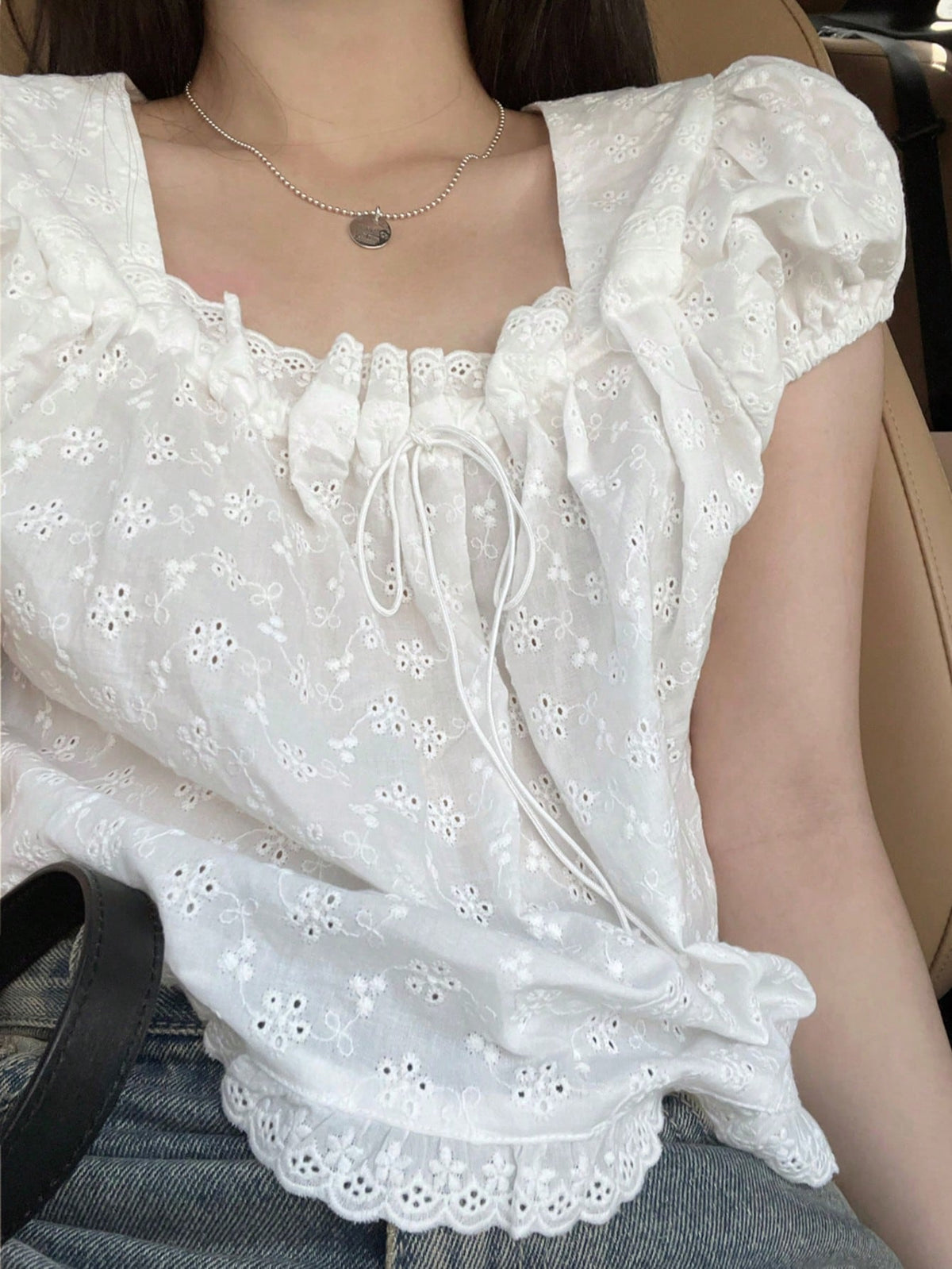 DAZY Women Textured Fabric Square Collar Puff Sleeve Loose Short White Casual Shirt