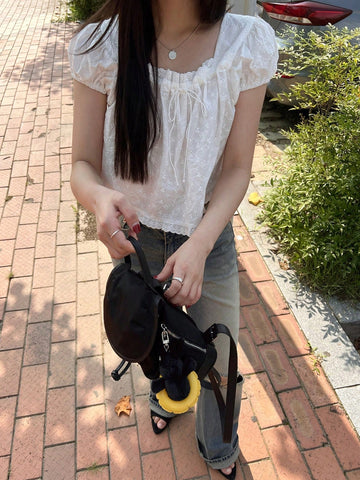 DAZY Women Textured Fabric Square Collar Puff Sleeve Loose Short White Casual Shirt