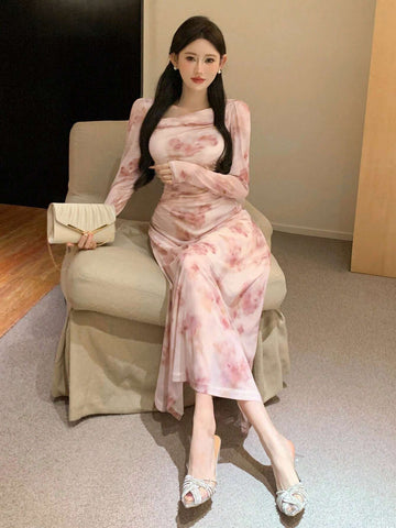 DAZY Women Tie-Dye Round Neck Long Sleeve Dress