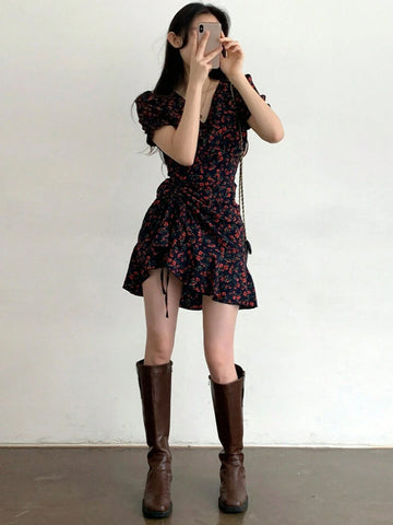 DAZY Women V-Neck All-Over Floral Drawstring Short Dress, Red, Spring & Summer, Chinese New Year Dress