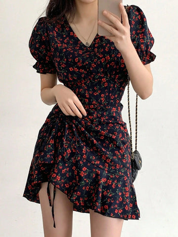 DAZY Women V-Neck All-Over Floral Drawstring Short Dress, Red, Spring & Summer, Chinese New Year Dress