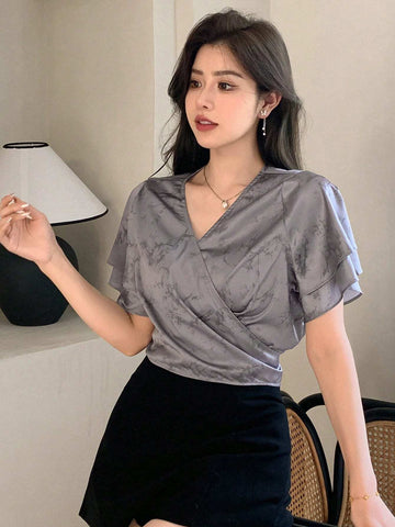 DAZY Women V-Neck Casual Ruffle Trim Everyday Spring/Summer Blouse