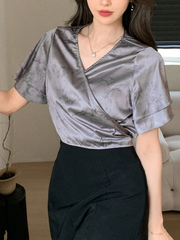 DAZY Women V-Neck Casual Ruffle Trim Everyday Spring/Summer Blouse