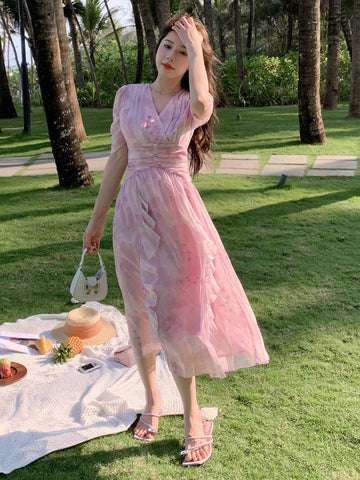 DAZY Women V-Neck Full-Body Flower Short-Sleeved Dress