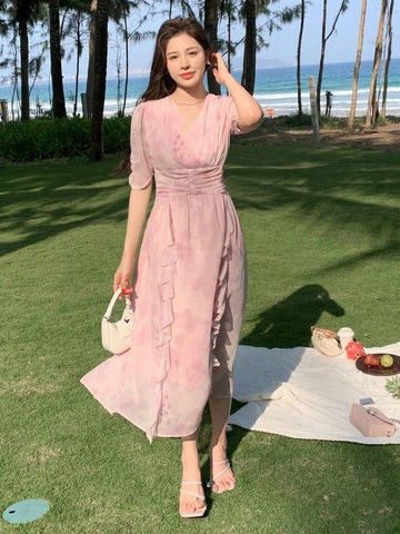 DAZY Women V-Neck Full-Body Flower Short-Sleeved Dress