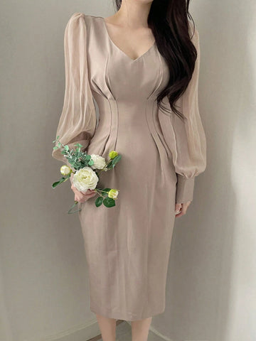DAZY Women V-Neck Patchwork Sleeve Dress