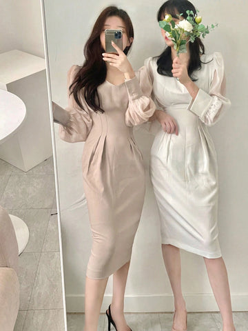 DAZY Women V-Neck Patchwork Sleeve Dress