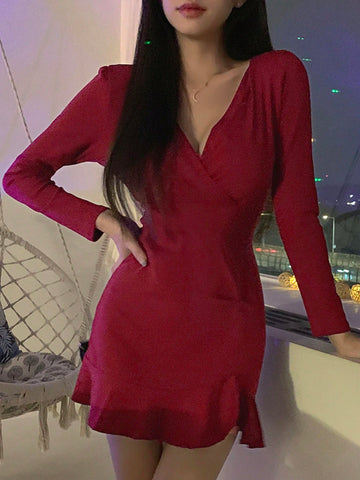 DAZY Women V-Neck Ruffle Hem Bodycon Short Dress With Side Slit