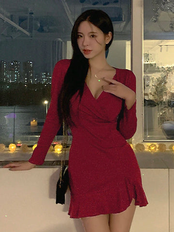 DAZY Women V-Neck Ruffle Hem Bodycon Short Dress With Side Slit