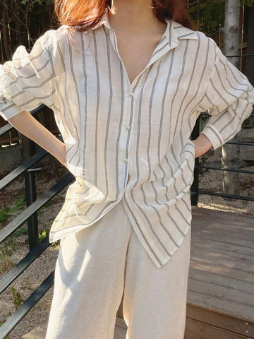 DAZY Women Wide Striped Turndown Collar Blouse