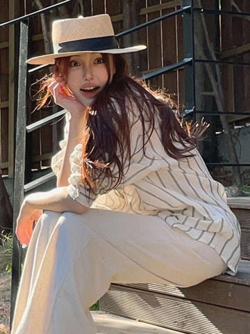 DAZY Women Wide Striped Turndown Collar Blouse