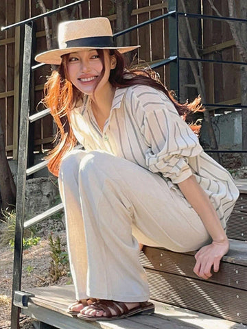 DAZY Women Wide Striped Turndown Collar Blouse