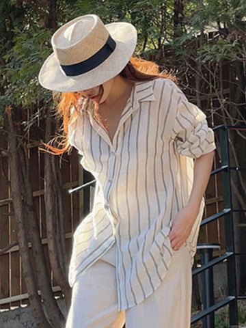 DAZY Women Wide Striped Turndown Collar Blouse