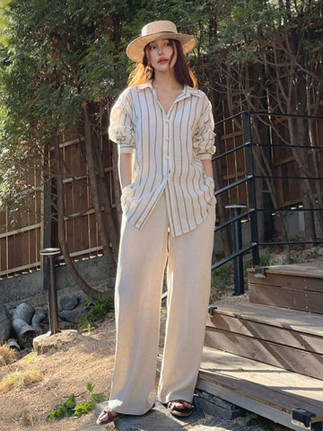 DAZY Women Wide Striped Turndown Collar Blouse