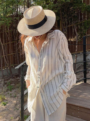 DAZY Women Wide Striped Turndown Collar Blouse