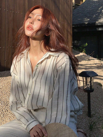 DAZY Women Wide Striped Turndown Collar Blouse