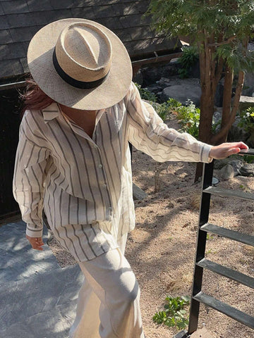 DAZY Women Wide Striped Turndown Collar Blouse