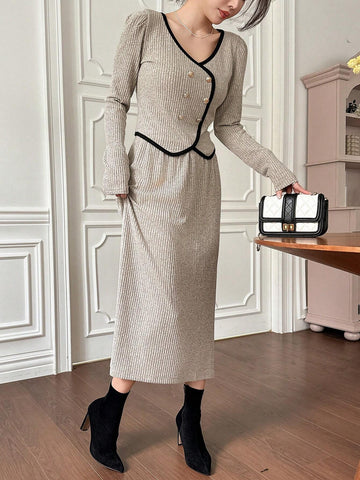 DAZY Women's 2-Piece Set: Contrast Color Trim Blouse & A-Line Skirt