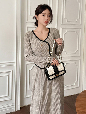 DAZY Women's 2-Piece Set: Contrast Color Trim Blouse & A-Line Skirt