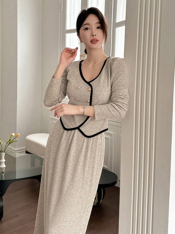 DAZY Women's 2-Piece Set: Contrast Color Trim Blouse & A-Line Skirt