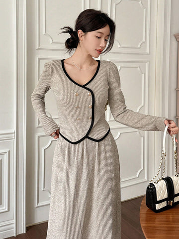 DAZY Women's 2-Piece Set: Contrast Color Trim Blouse & A-Line Skirt