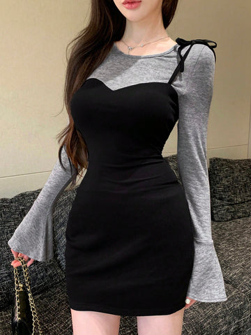 DAZY Women's 2 In 1 Bell Sleeve Dress