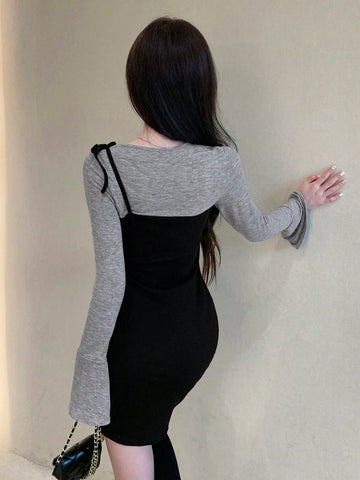 DAZY Women's 2 In 1 Bell Sleeve Dress