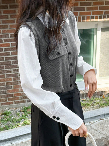 DAZY Women's 2 In 1 Color Blocking Shirt With Front Opening