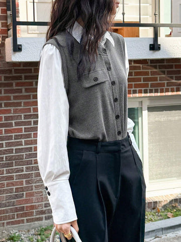 DAZY Women's 2 In 1 Color Blocking Shirt With Front Opening