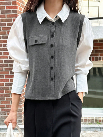 DAZY Women's 2 In 1 Color Blocking Shirt With Front Opening