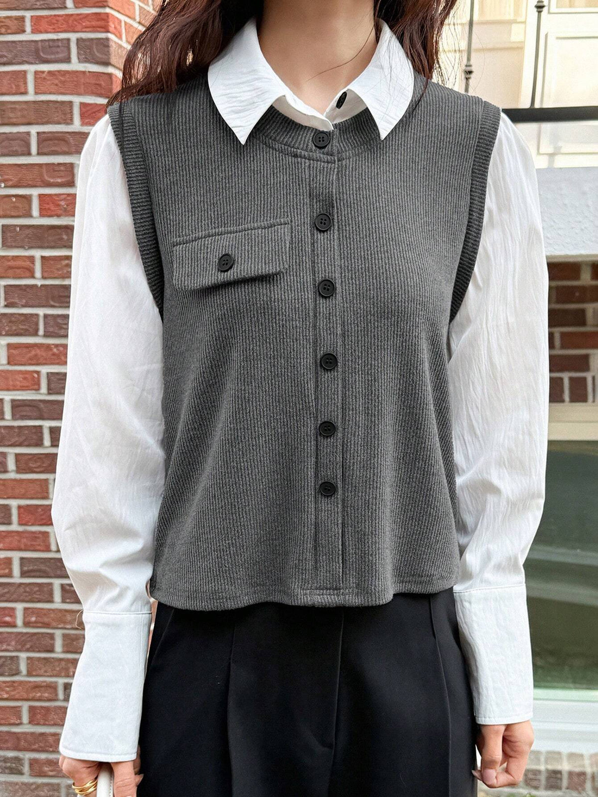 DAZY Women's 2 In 1 Color Blocking Shirt With Front Opening