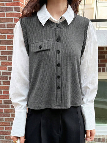 DAZY Women's 2 In 1 Color Blocking Shirt With Front Opening