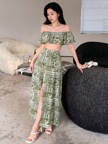DAZY Women's 2pcs/Set Off Shoulder Plant Printed Crop Top With Ruffle Hem & High Slit Skirt