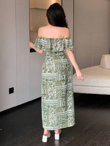 DAZY Women's 2pcs/Set Off Shoulder Plant Printed Crop Top With Ruffle Hem & High Slit Skirt