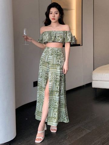 DAZY Women's 2pcs/Set Off Shoulder Plant Printed Crop Top With Ruffle Hem & High Slit Skirt