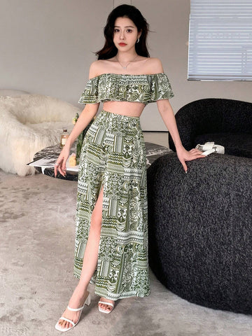 DAZY Women's 2pcs/Set Off Shoulder Plant Printed Crop Top With Ruffle Hem & High Slit Skirt