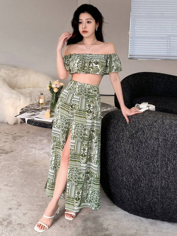 DAZY Women's 2pcs/Set Off Shoulder Plant Printed Crop Top With Ruffle Hem & High Slit Skirt
